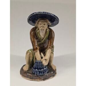 Vintage Hand Painted Ceramic Asian Fisherman Figurine